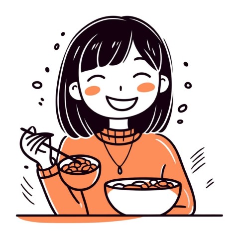 Illustration of a young woman eating a bowl of cereals.