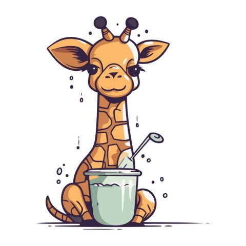 Cute giraffe with paint bucket and brush. Vector illustration.