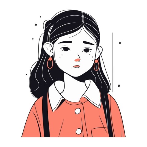 Vector illustration of a sad girl in a red jacket. Isolated on w