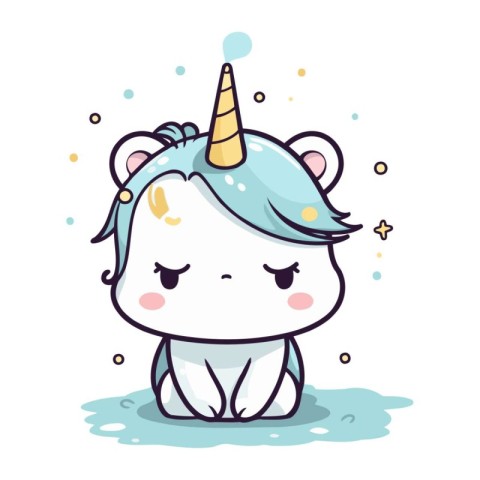 Cute cartoon unicorn sitting on the ground and smiling. Vector i