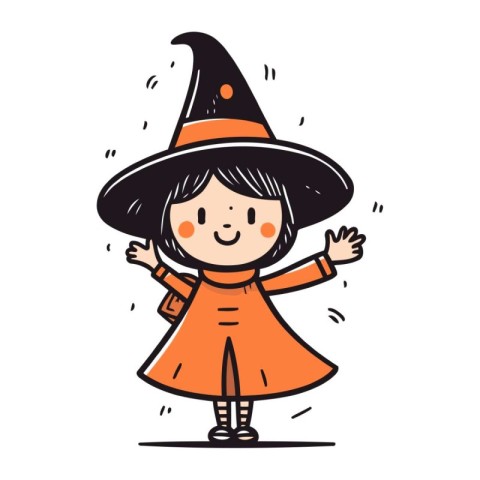 Cute little girl in witch costume. Vector illustration in doodle