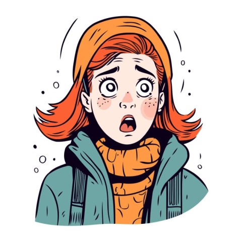 Surprised young woman in winter clothes. Vector illustration in