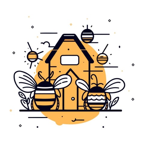 Vector illustration of bee house with bees. Flat line style desi