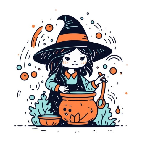 Cute little witch with a pot of potion. Vector illustration.