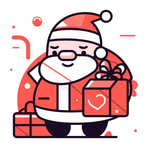 Santa Claus with gift box. Vector illustration in flat line styl