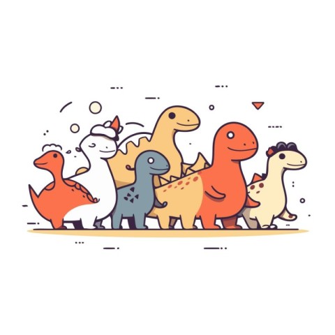 Cute Dinosaurs. Vector illustration in thin line style on white