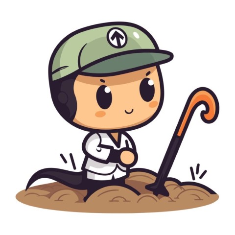 Cute Boy Digging Soil with Cane Vector Illustration