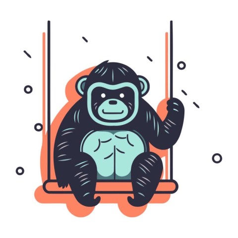 Monkey sitting on swing. Vector illustration in flat linear styl