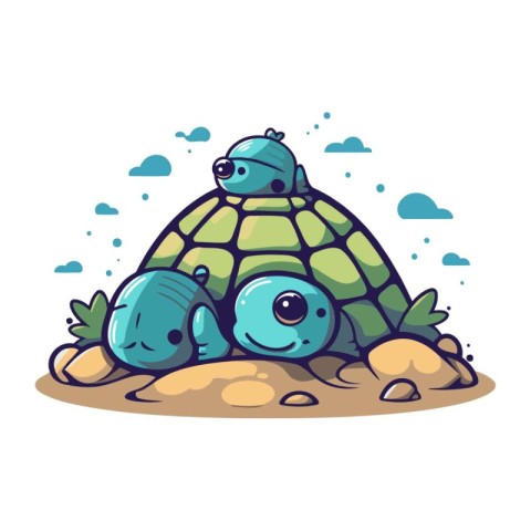 Vector illustration of a cute tortoise family in the sea. Cute t