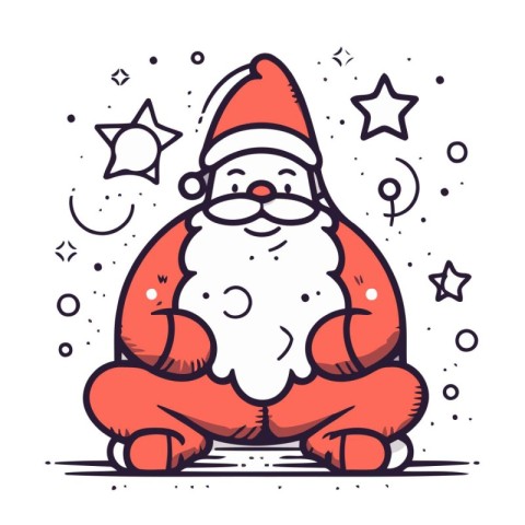 Santa Claus sitting in lotus pose. Vector line art illustration.