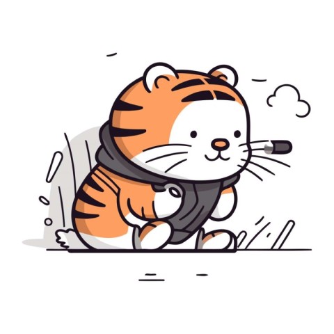 Cute tiger with scarf and pipe. Vector illustration in cartoon s