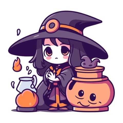 Cute little witch with a pot of potion. Vector illustration.