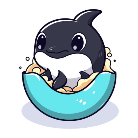 Cute cartoon killer whale in a blue egg. Vector illustration.