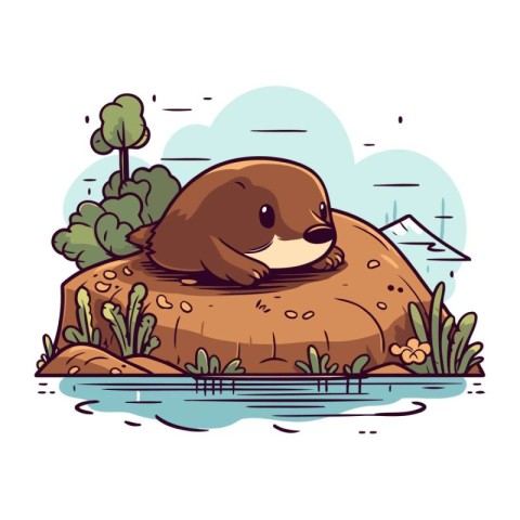 Cute little otter in the pond. Vector illustration in cartoon st