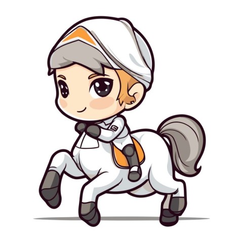 Cute cartoon little girl riding a white pony. Vector illustratio