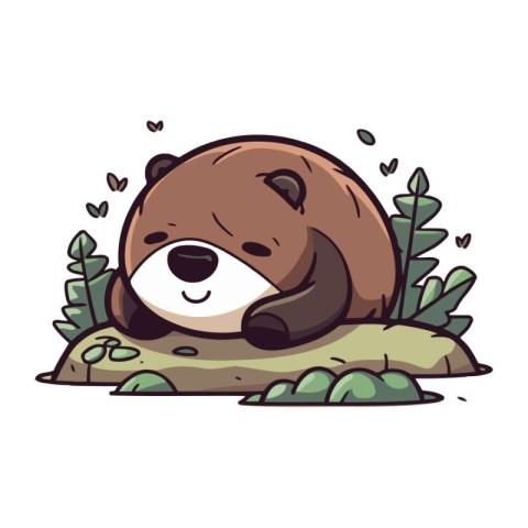 Cute cartoon beaver sitting on the rock. Vector illustration.