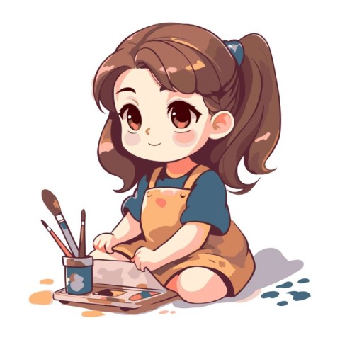 Cute little girl painting with brush and palette. Vector illustr