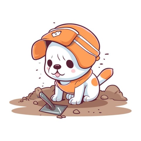 Cute cartoon dog digging the ground with shovel. Vector illustra