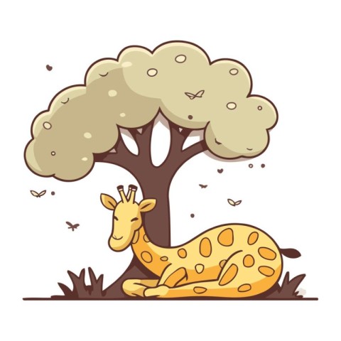 Cute cartoon giraffe sleeping under a tree. Vector illustration.