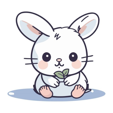 Cute white rabbit with a leaf in his mouth. Vector illustration.