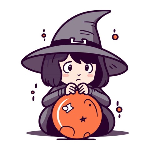 Cute little girl in witch costume with pumpkin. Vector illustrat