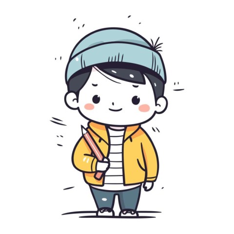 Cute boy with pencil and cap. Vector illustration. Cartoon style