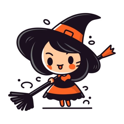 Cute cartoon witch with a broom. Vector illustration on white ba