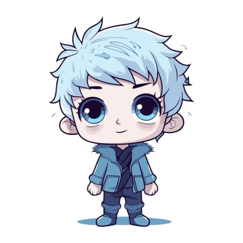 Cute cartoon boy with blue hair and blue eyes. Vector illustrati