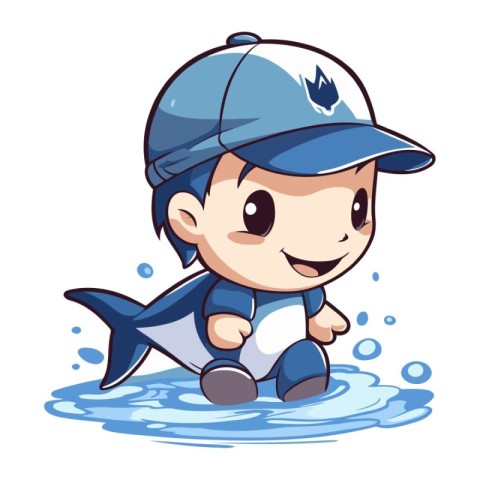 Illustration of a Kid Boy Wearing a Cap and Posing in Water