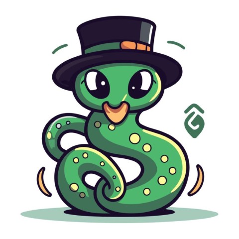 Green Snake Cartoon Mascot Character With Top Hat Vector Illustr