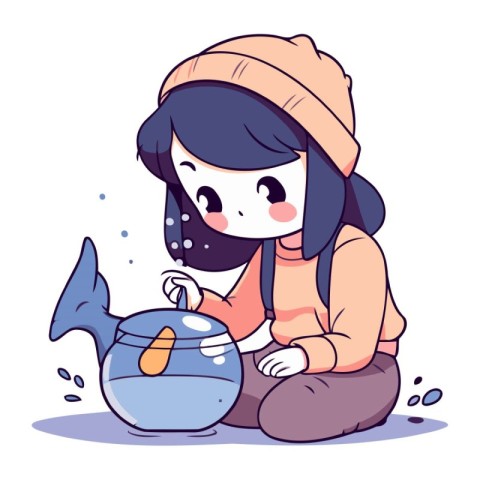 Illustration of a little girl playing with a fishbowl. vector il