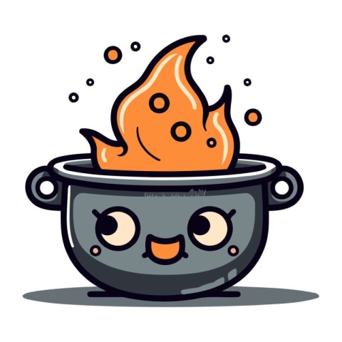 Cute kawaii pot with fire. Vector cartoon character illustration