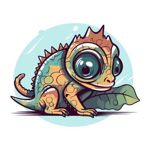 Vector illustration of cartoon chameleon on the background of le