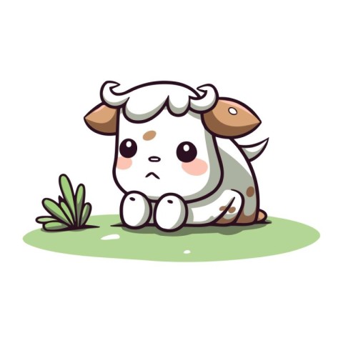 Cute cartoon cow sitting on the grass. Vector illustration isola