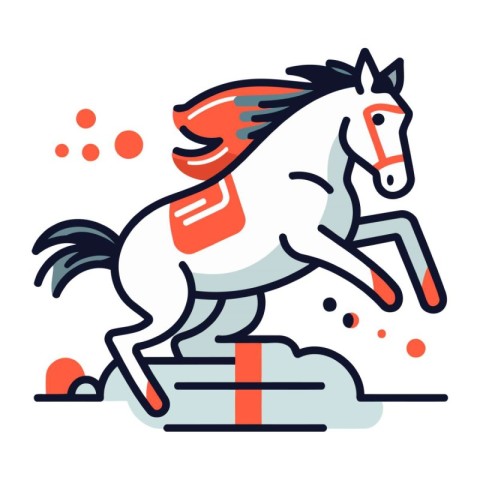 Horse jumping on stairs. Vector illustration in flat linear styl