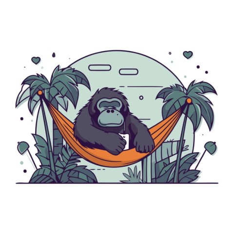 Gorilla in a hammock on the background of palm trees. Vector ill