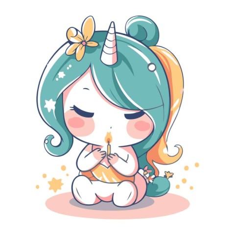 Cute little unicorn girl with candle in her hands. Vector illust