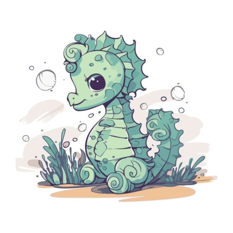 Cute seahorse sitting on the grass. Vector illustration.