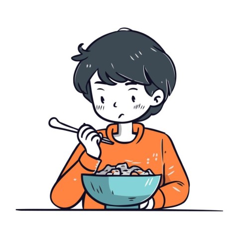 Illustration of a boy eating a bowl of cereals. Vector.