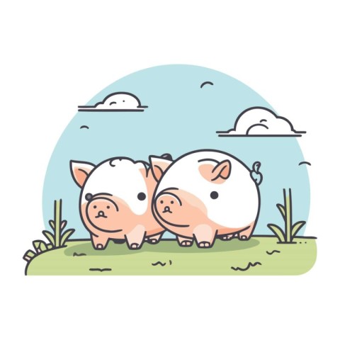 Vector illustration of two pigs in the meadow. Cute cartoon styl