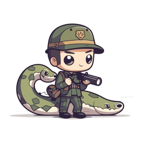 Cute little boy in military uniform with snake. Vector illustrat