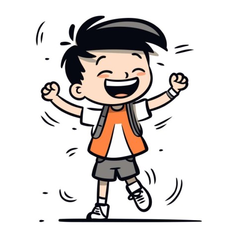 Cheerful schoolboy running and smiling. Vector clipart.