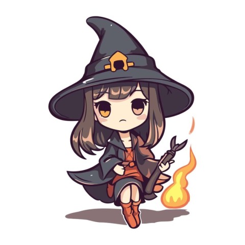 Halloween witch with a magic wand. Cute cartoon vector illustrat