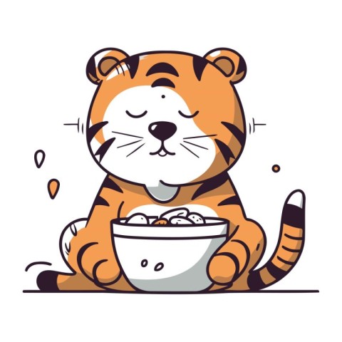 Cute tiger with a bowl of cereals. Vector illustration.