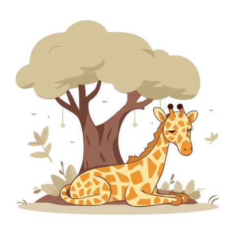 Giraffe sitting under a tree. Vector illustration in cartoon sty