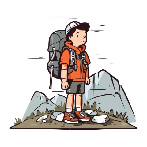 Hiker boy with backpack on the trail. Vector illustration in car