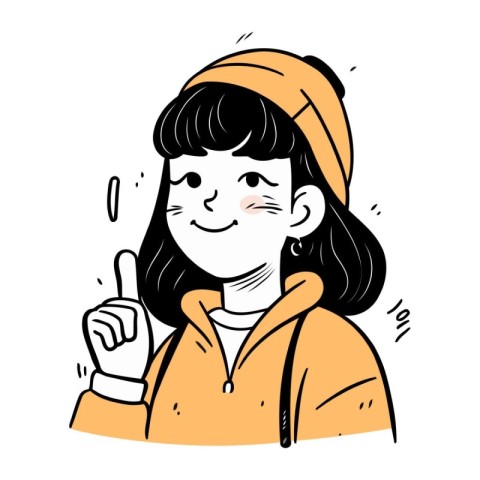 Young woman in yellow hoodie and orange cap pointing up. Vector