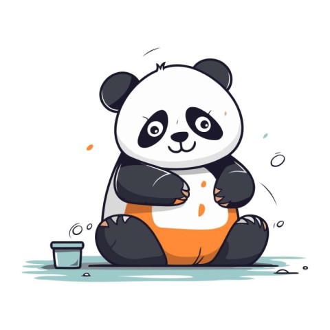 Cute panda sitting and holding a cup of coffee. Vector illustrat