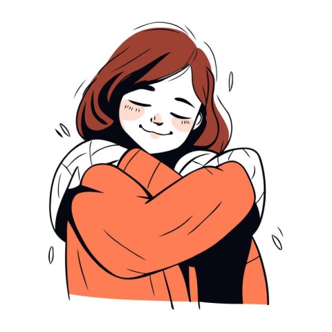 Beautiful young woman hugging herself. Vector illustration on wh