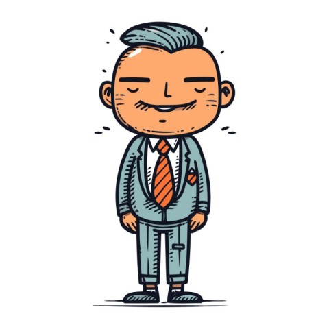 Smiling cartoon man in business suit. Vector illustration. Hand